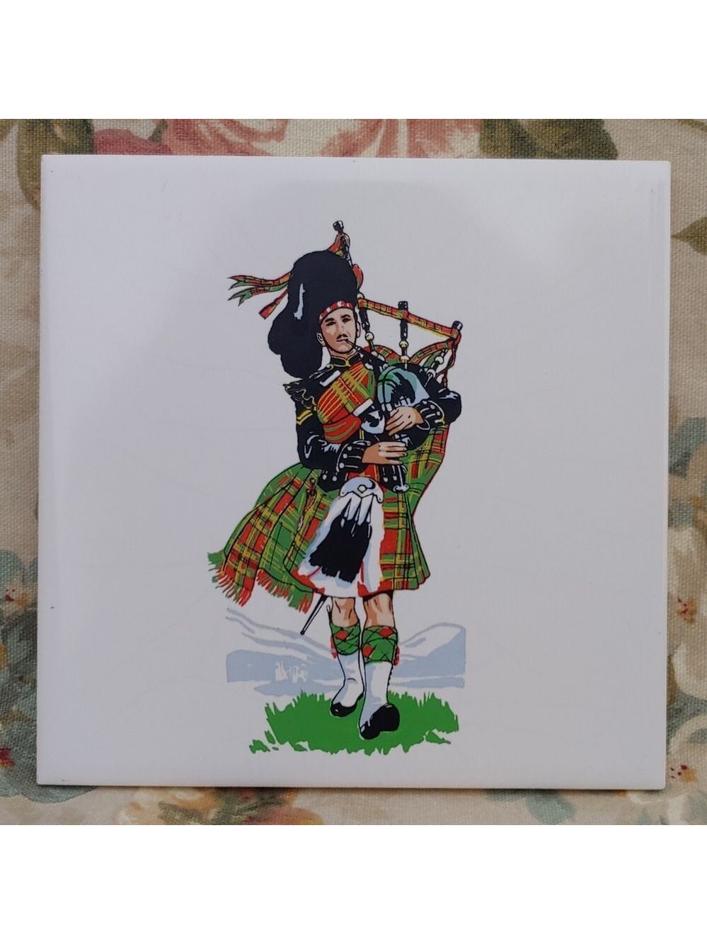 Scottish Bagpiper Wall Decor Tile in Traditional Uniform 6" x 6" Imported